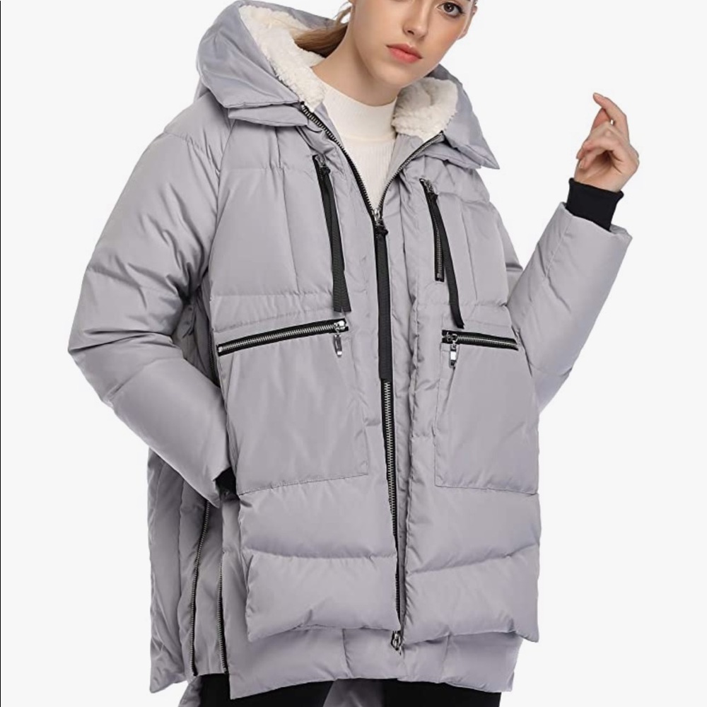 NWOT Down Filled Puffer Parka Coat Gray 6 Large Zip Pockets Sherpa Lined Sz XS